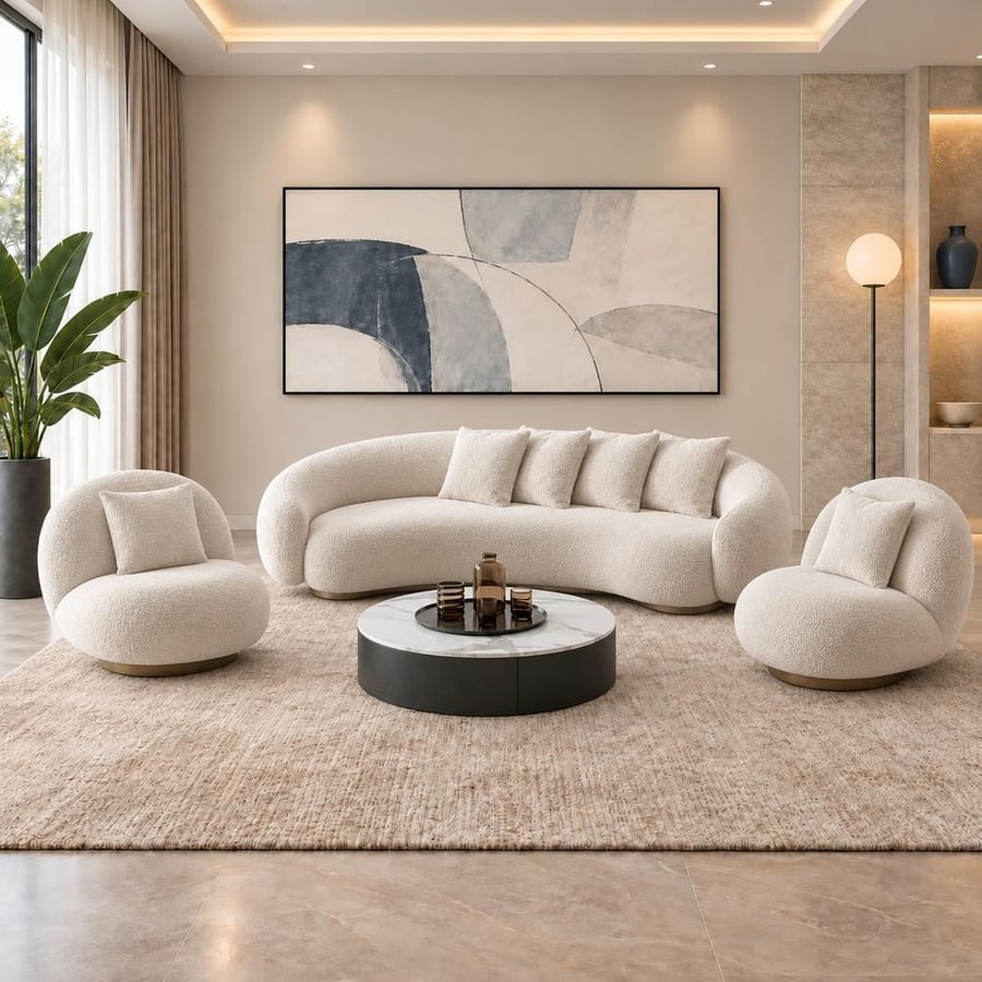 طقم كنب بوكليه أوف وايت بتصميم مقوّس مع كرسيين - 3 قطع