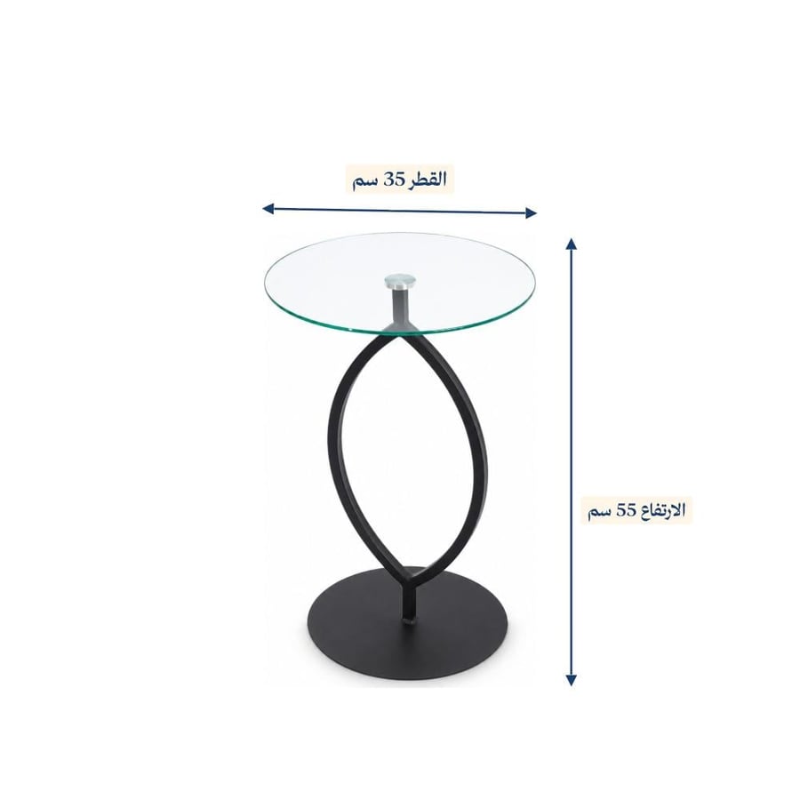 طاولة خدمة زجاج شفاف بقاعدة معدنية سوداء بشكل ورقة