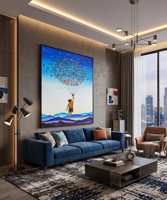 لوحة جدارية رسم يدوي مميز - طفل الخيال والألوان
