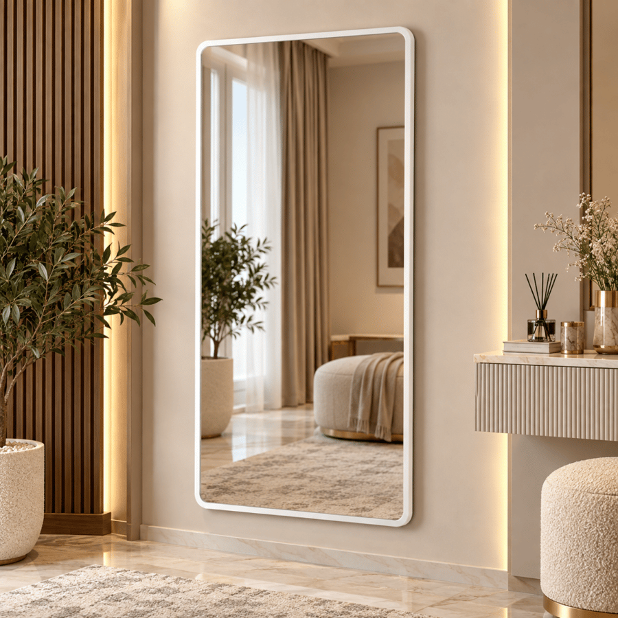 مرآة حائط مودرن بإطار أبيض مقاس ٧٠ × ١٤٠ سم