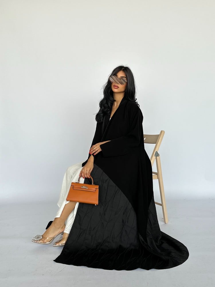 Black royal crepe abaya with patterned jacquard