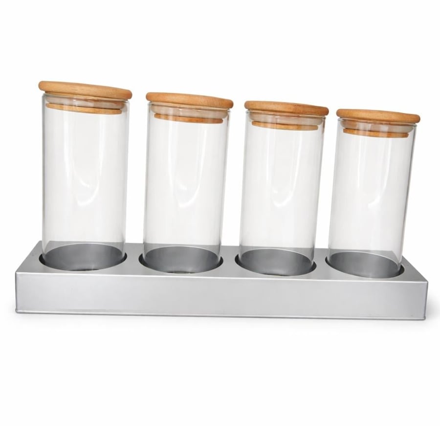 Glass storage container set with metal base, 4 pieces