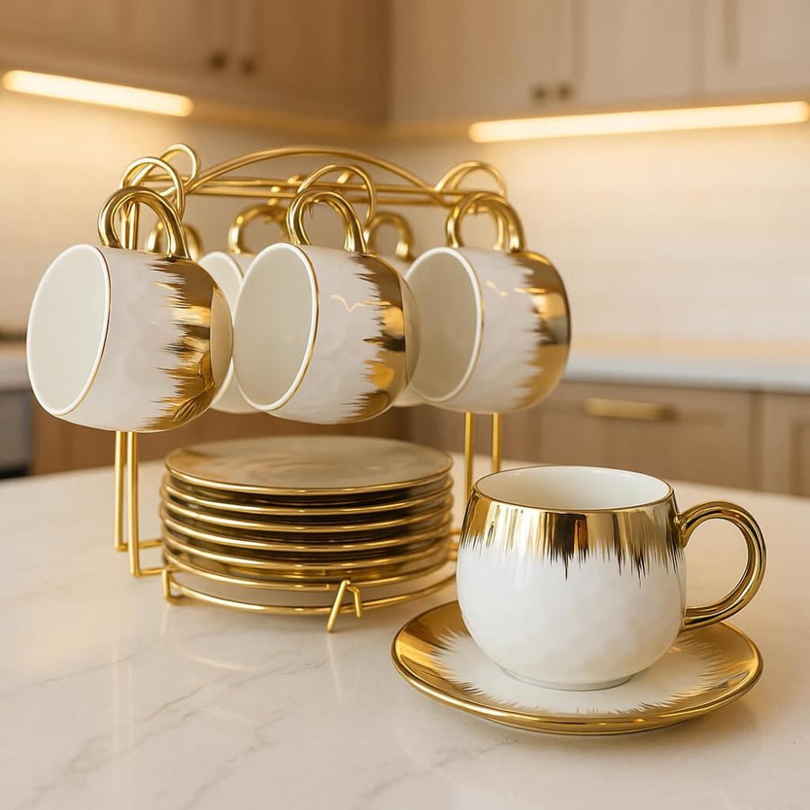 Luxury porcelain coffee cup set with holders and plates – 6 pieces