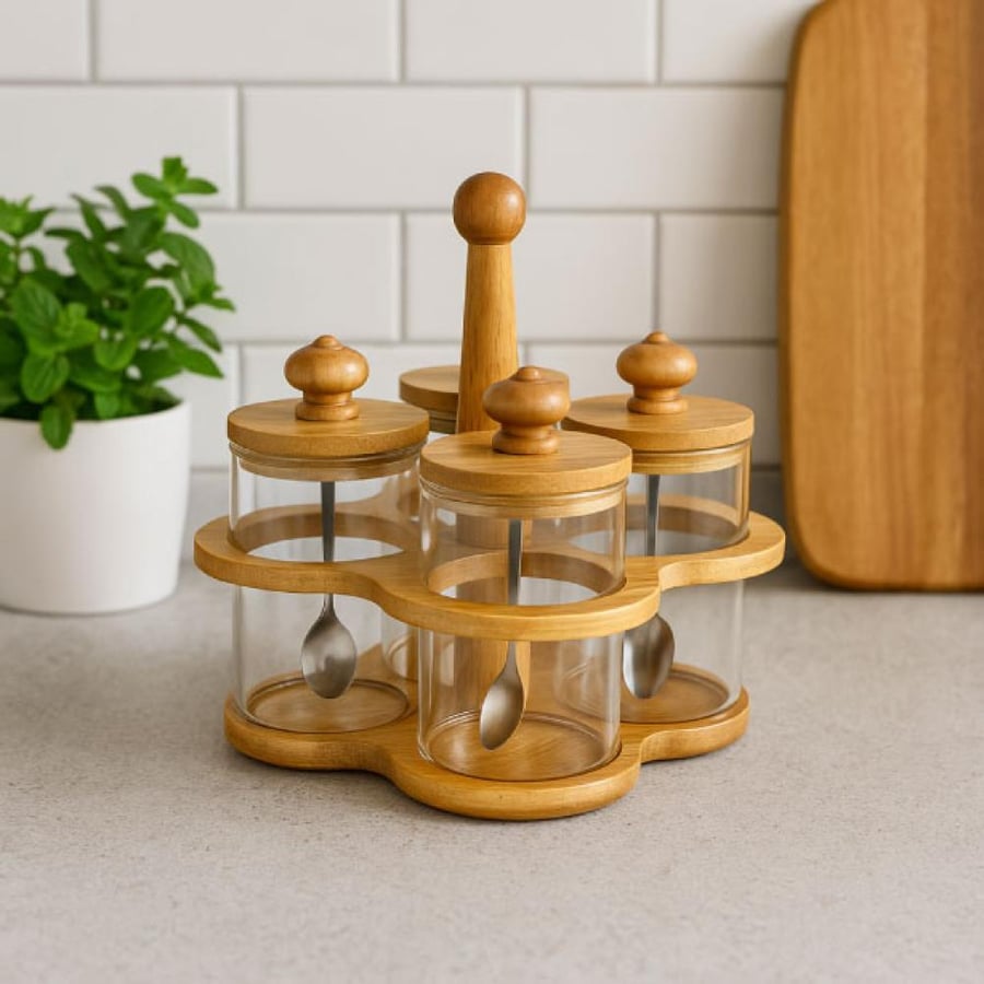 Glass spice set with wooden holder and bamboo lids - 4 pieces