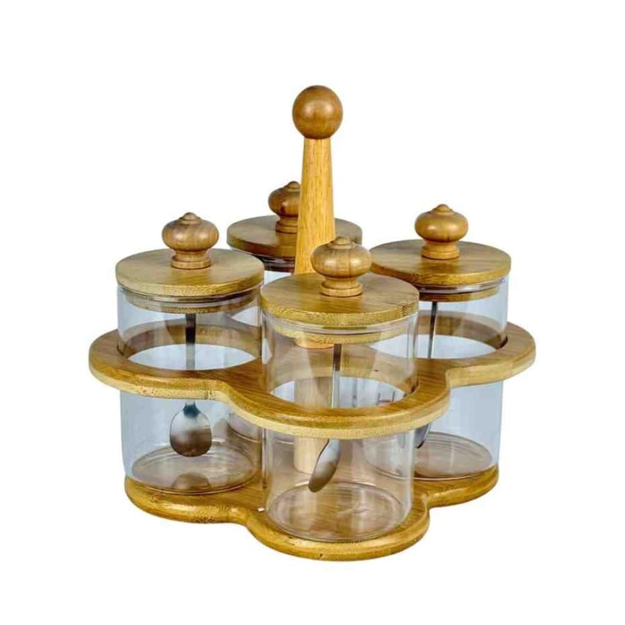 Glass spice set with wooden holder and bamboo lids - 4 pieces