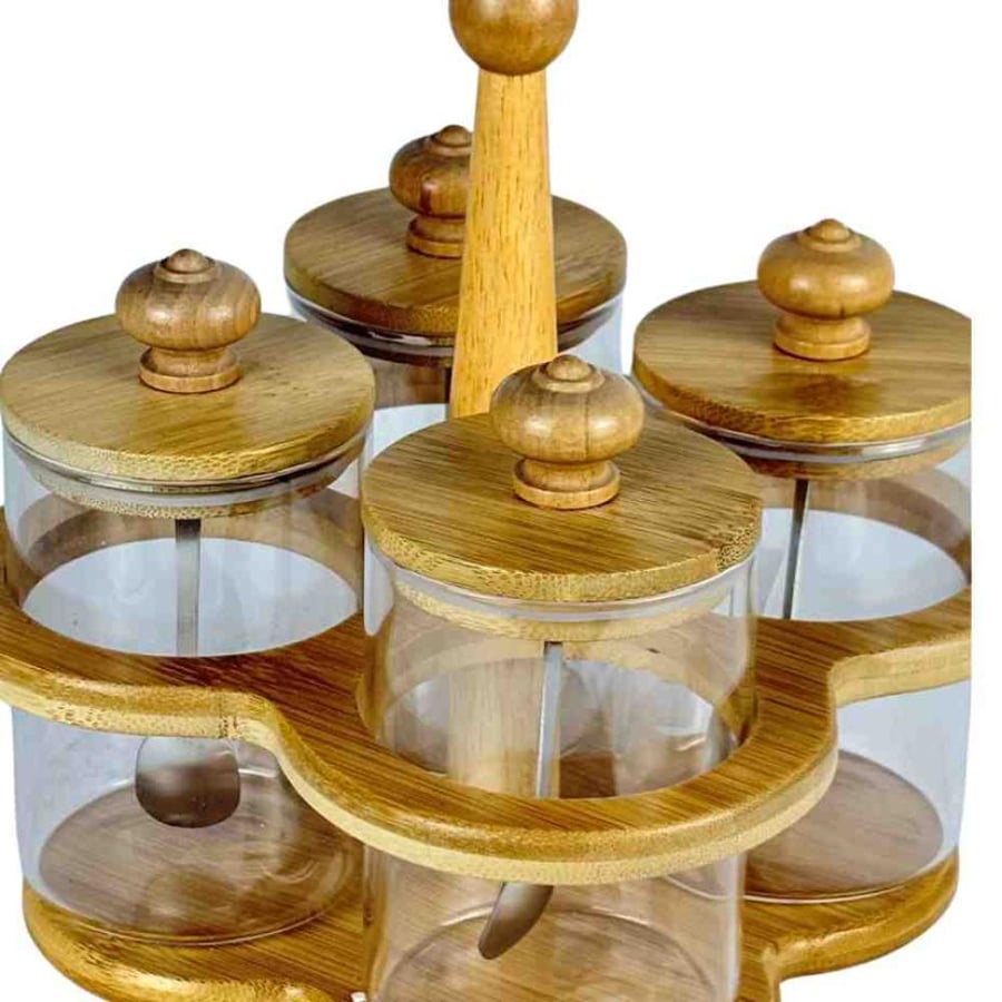 Glass spice set with wooden holder and bamboo lids - 4 pieces