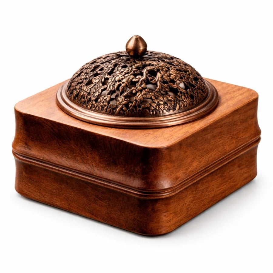 Square wooden incense holder with a decorated metal lid