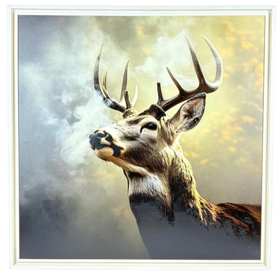 A painting with frame - a deer head in the golden fog