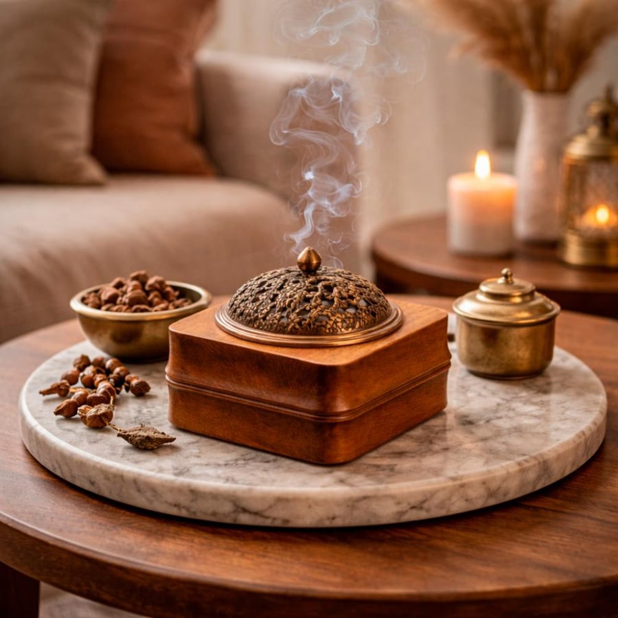 Square wooden incense holder with a decorated metal lid