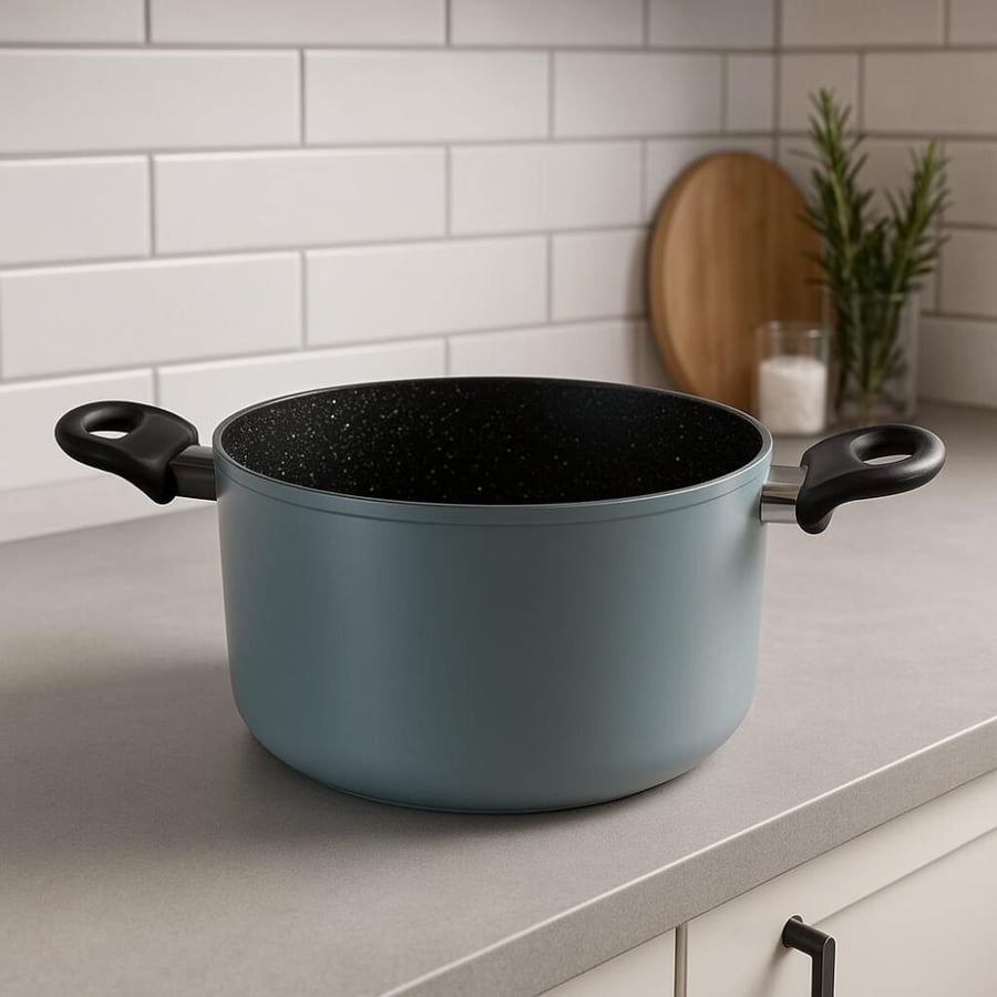 Gray granite cooking pot with black handles