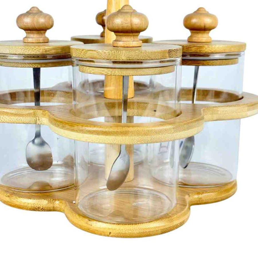 Glass spice set with wooden holder and bamboo lids - 4 pieces