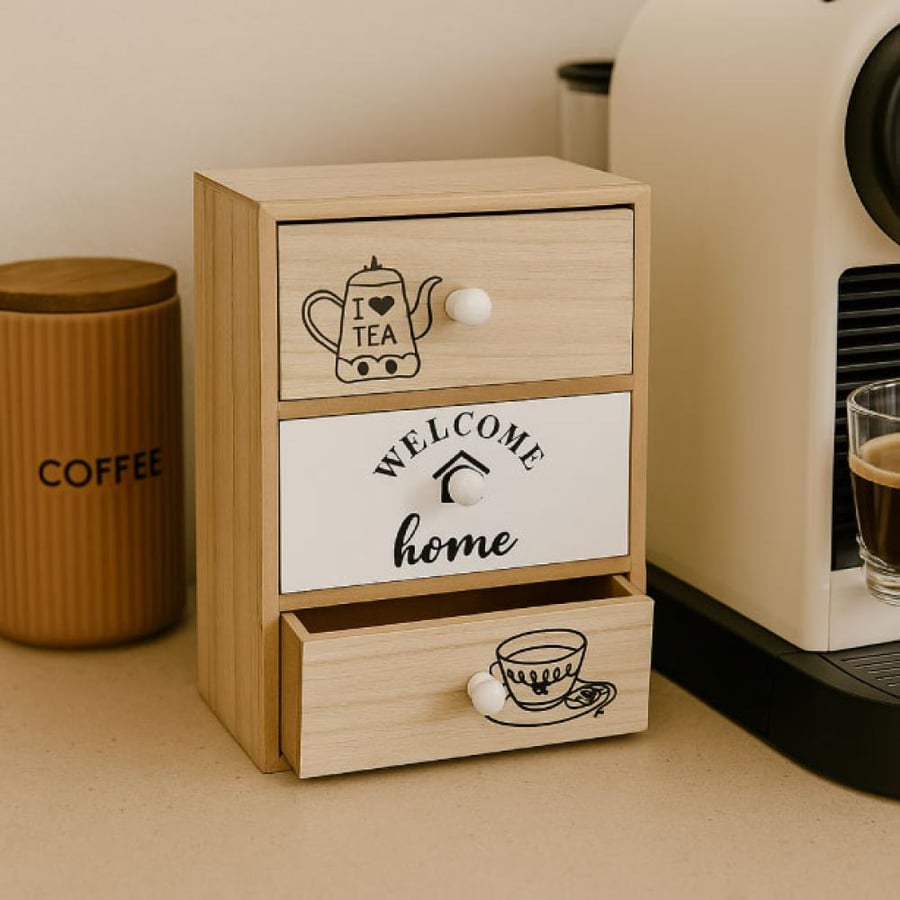 Coffee and tea organizer and multi-drawer cups for the kitchen or the house