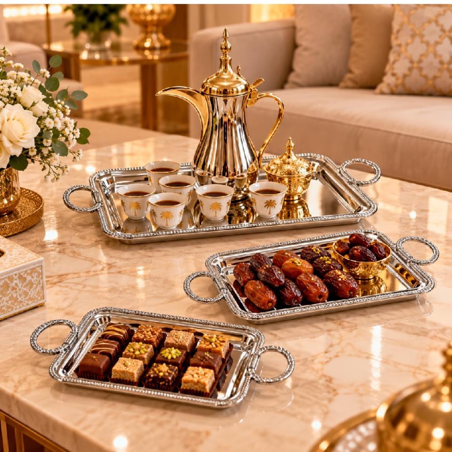 طقم صواني تقديم مستطيلة 3 قطع بمسكات دائرية – فضي