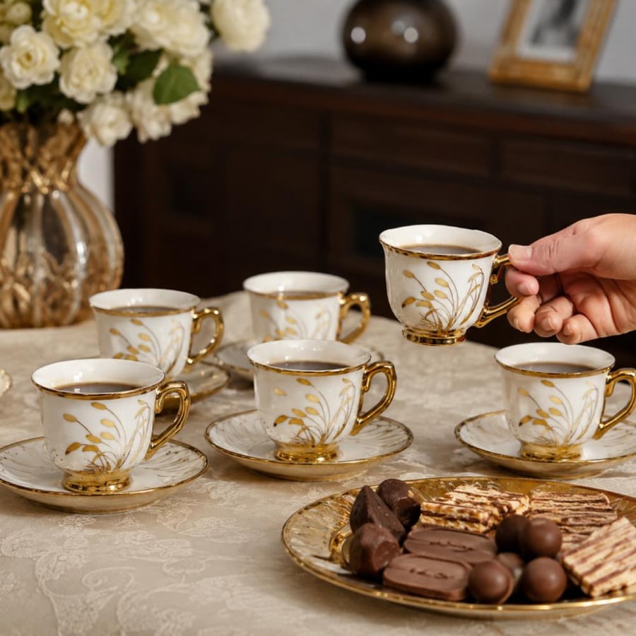 طقم اكواب مزخرفة  ـ 6 اكواب مع سيسر