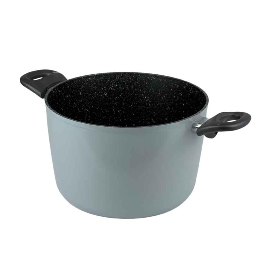Gray granite cooking pot with black handles