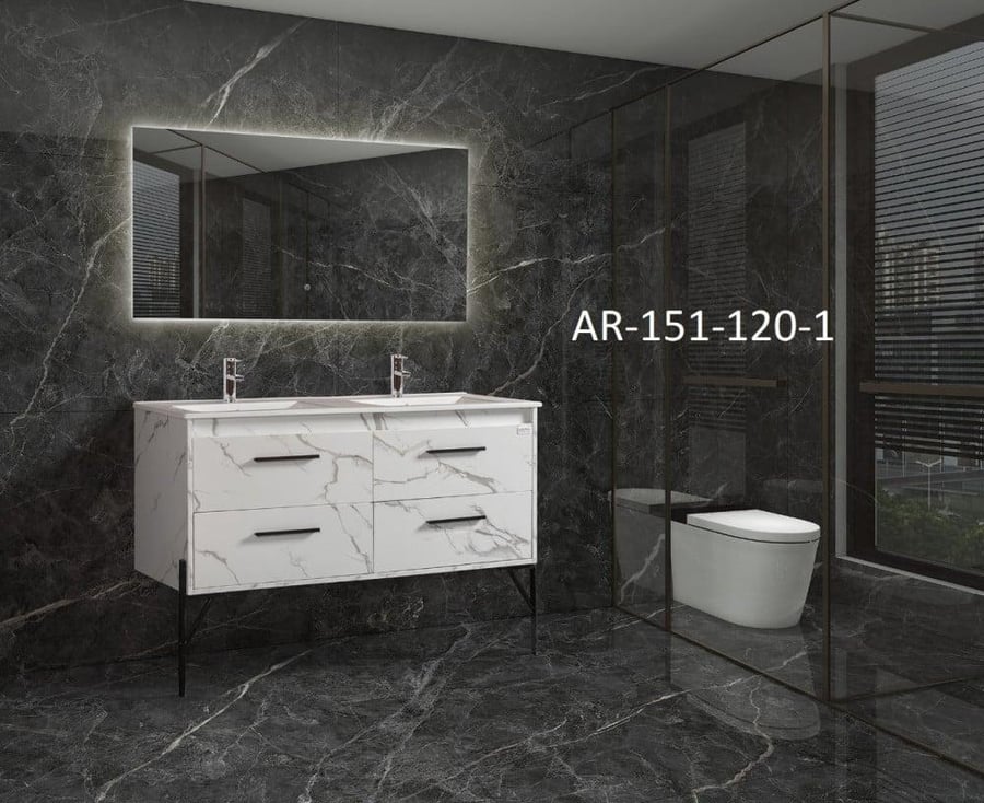 مغسلة ديكور حوضين بدولاب 120 سم أبيض رخامي مع مرآة LED | أرونا ARONA AR-151-120-1