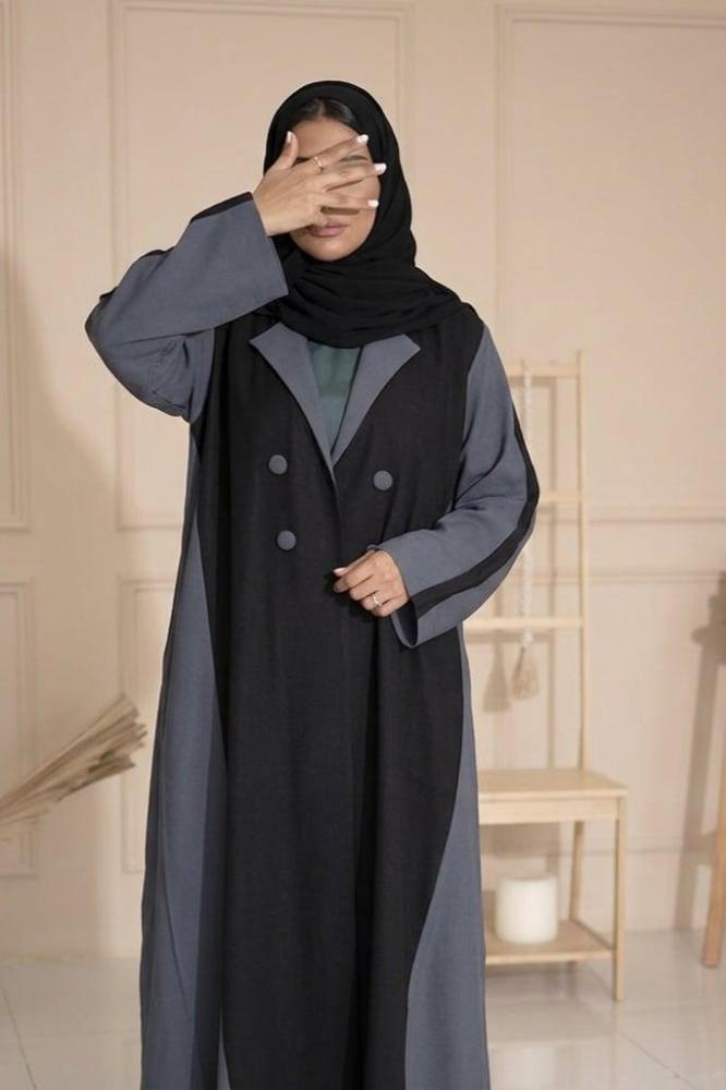 عباية كتان بليزر أسود مع تدخيلات قماش كحلي مع طرحه سوداء ساده