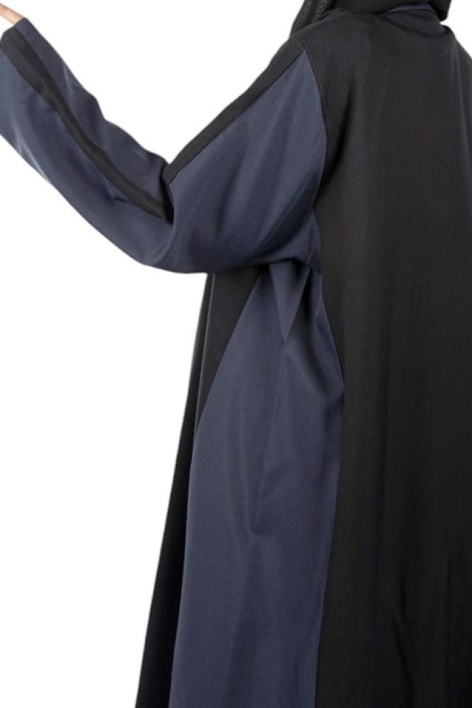 عباية كتان بليزر أسود مع تدخيلات قماش كحلي مع طرحه سوداء ساده