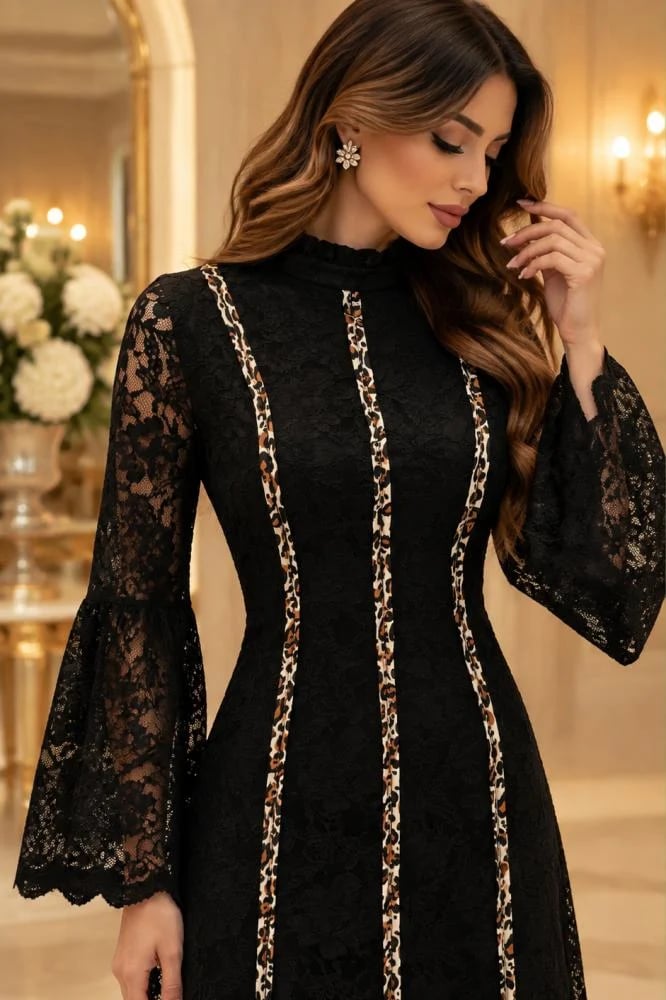 فستان أليانا الأسود الفاخر | تصميم دانتيل ملكي بأكمام واسعة وتفاصيل عصرية ساحرة || حبيبه فاشن