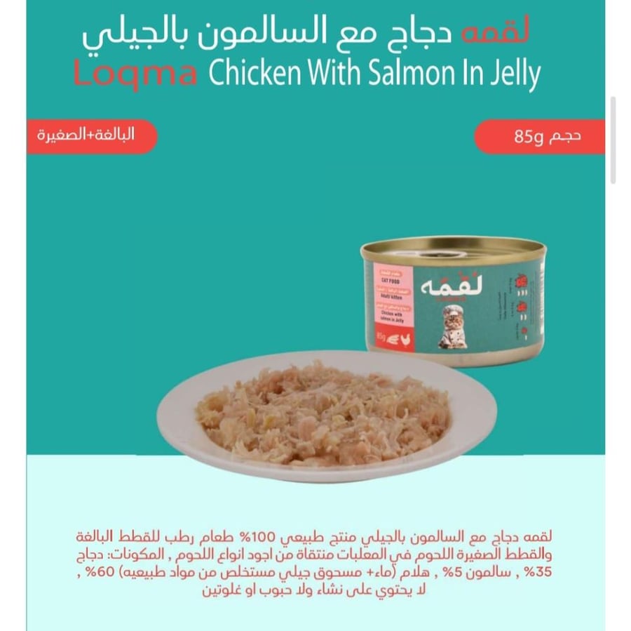 لقمة طعام رطب للقطط دجاج وسالمون بالجيلي 85 جم | للقطط الصغيرة والبالغة