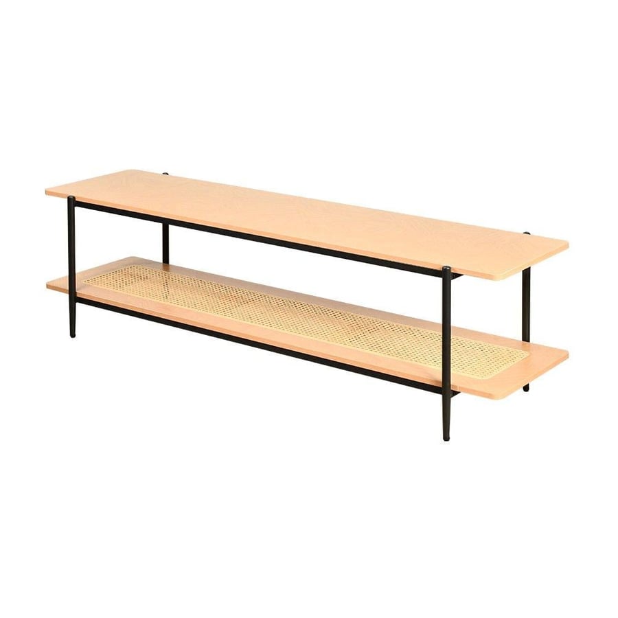 Wooden TV unit with rattan shelf, bohemian modern, 160 cm