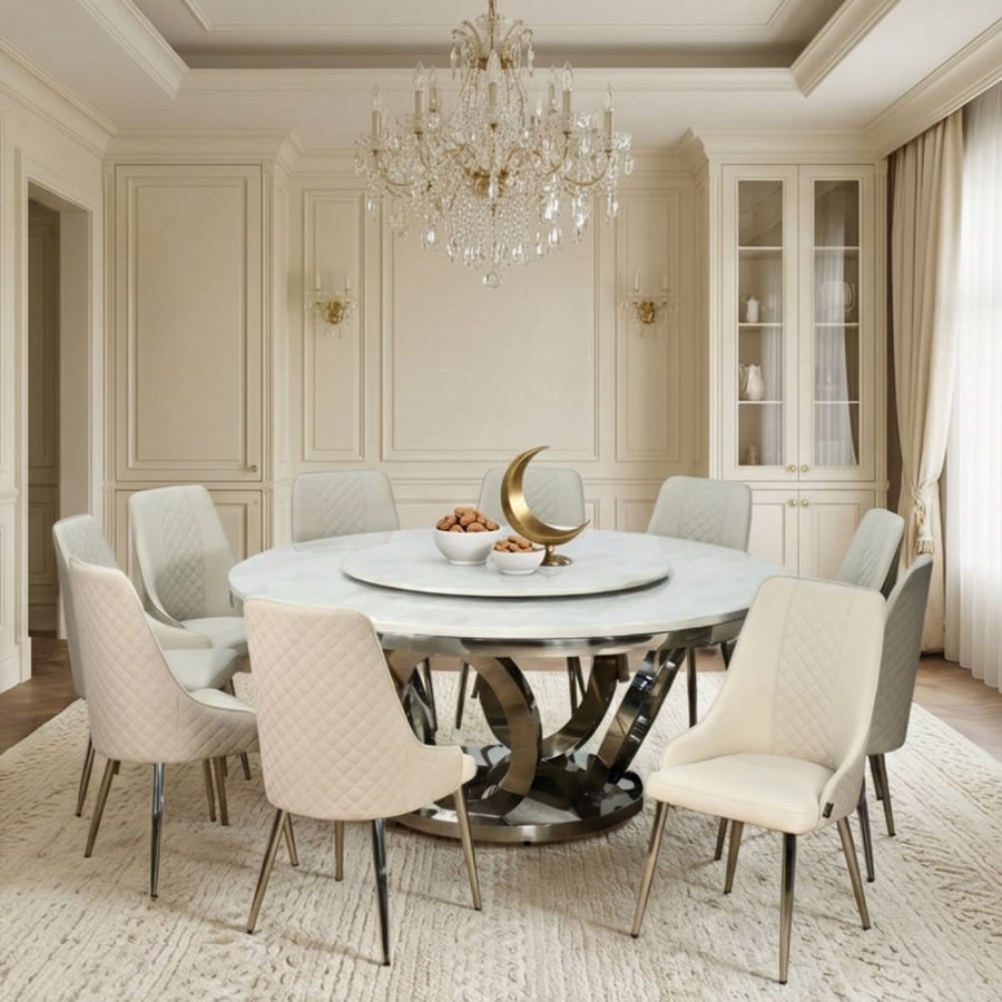 Luxury dining table with marble surface, rotating, 10 gray chairs