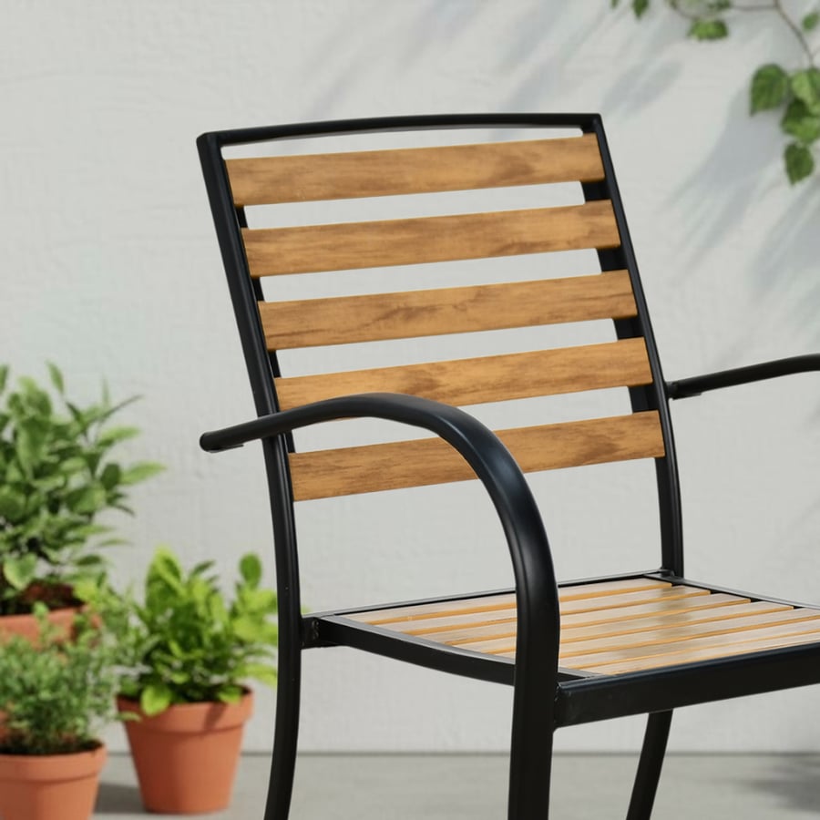 Single outdoor plastic chair with a metal frame