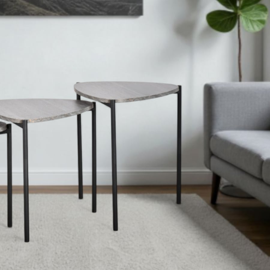 Set of 3 wooden serving tables with metal legs, gray