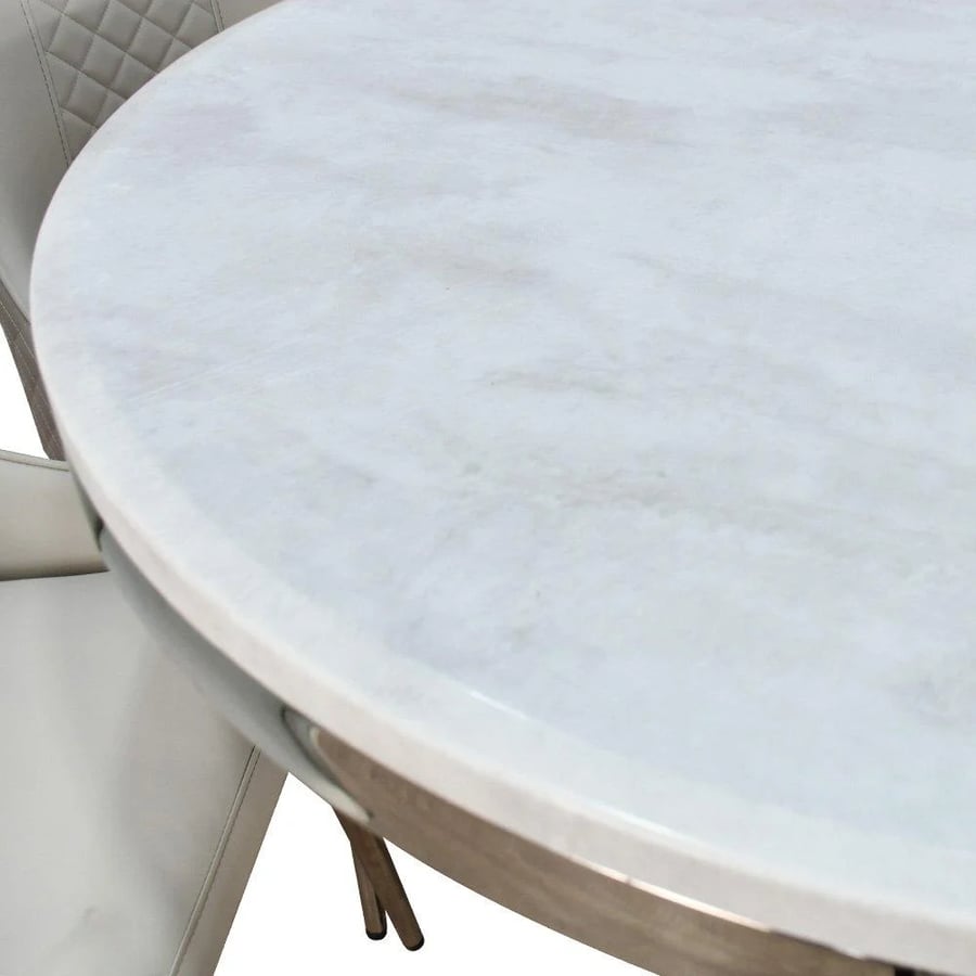 Luxury dining table with marble surface, 6 gray chairs