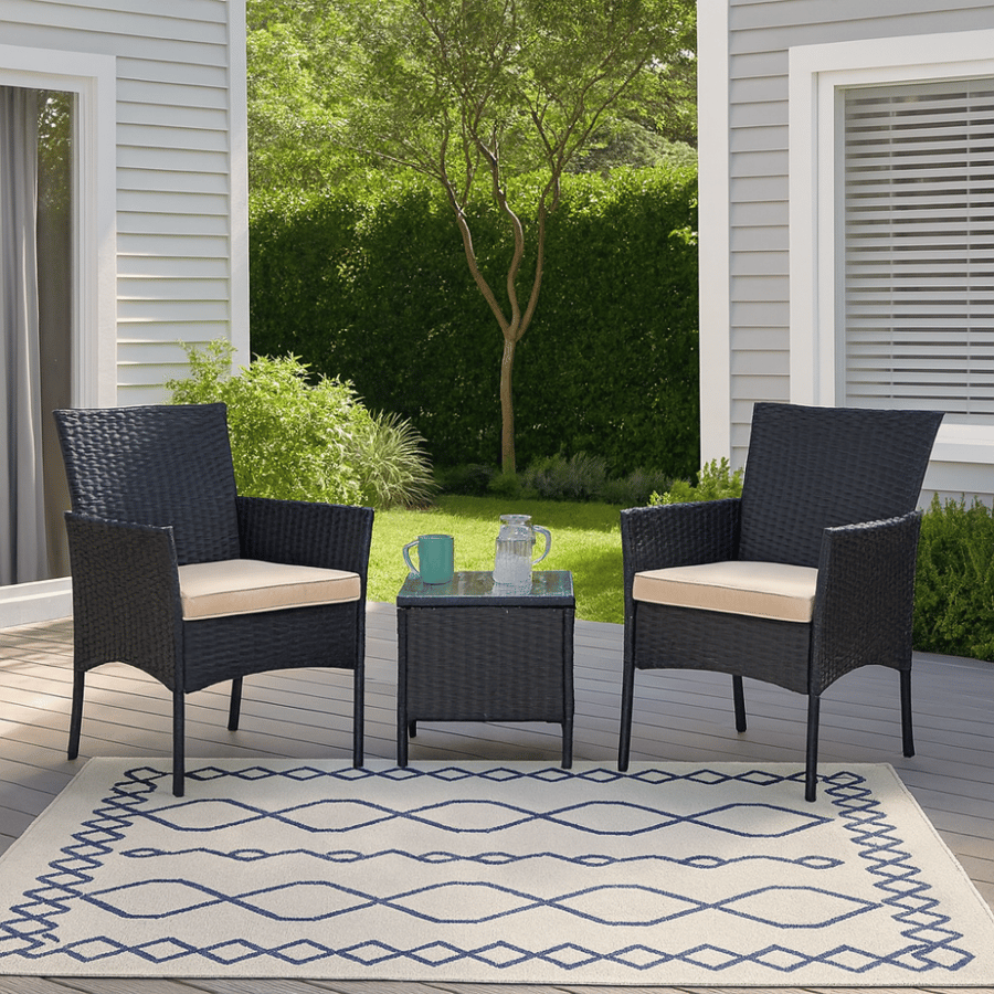 Outdoor seating, 2 seats and a table with glass surface