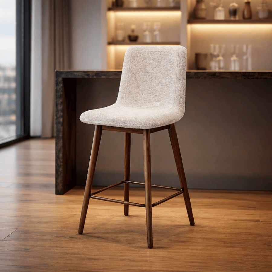 Bar chair with fabric design, modern style, with backrest and wooden legs