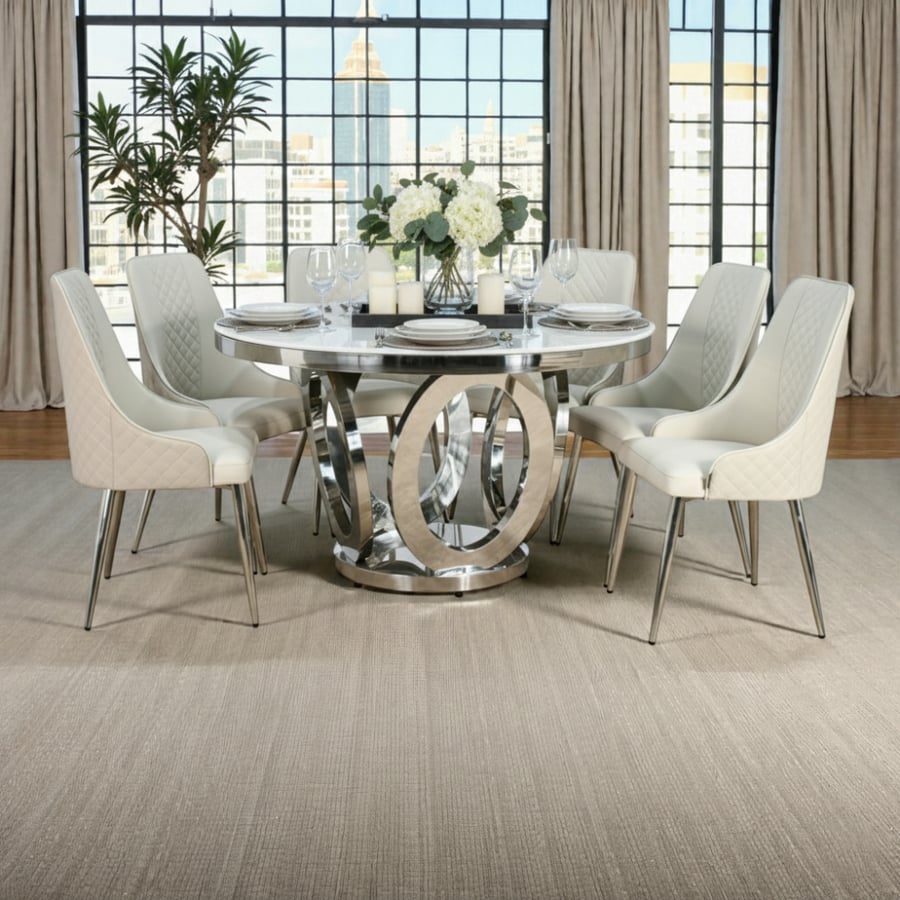 Luxury dining table with marble surface, 6 gray chairs