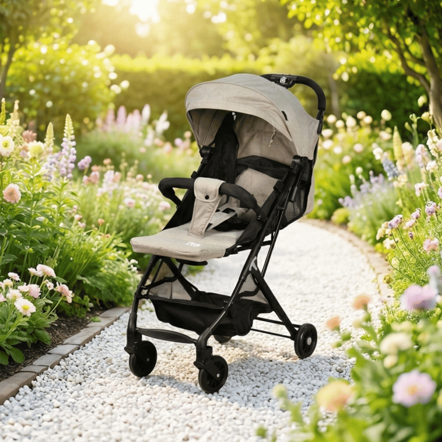 Folding stroller with fabric and beige metal frame