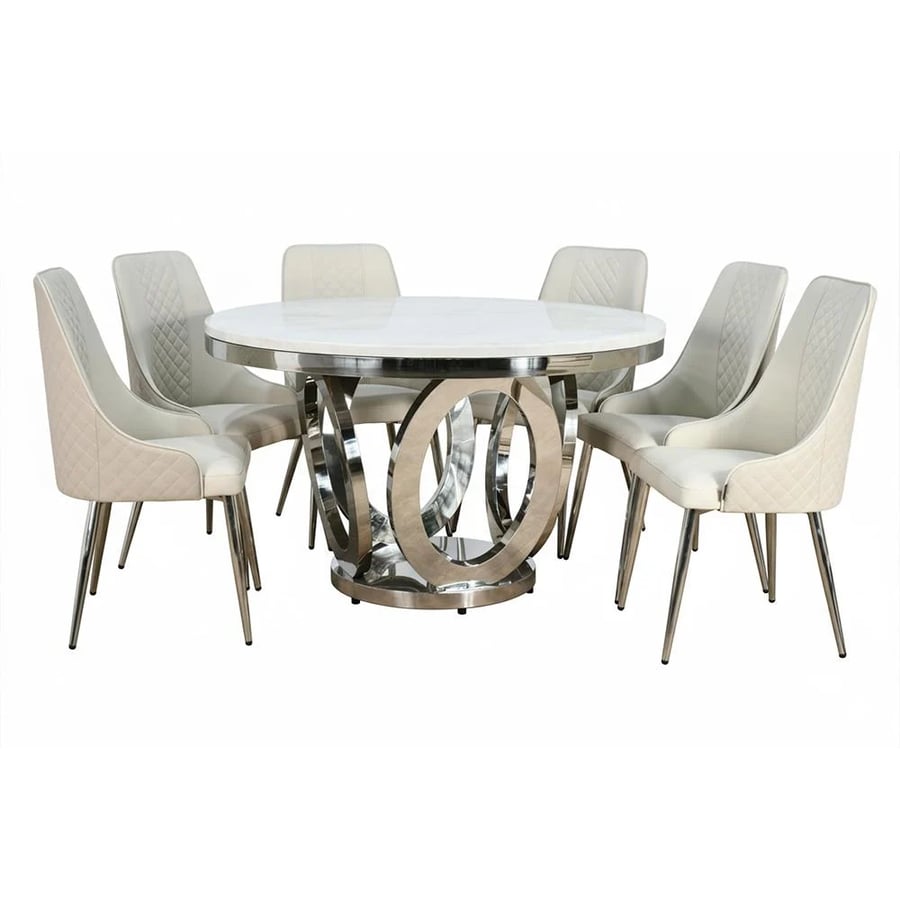Luxury dining table with marble surface, 6 gray chairs