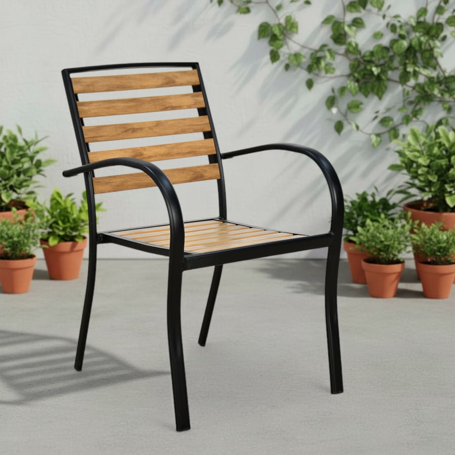 Single outdoor plastic chair with a metal frame