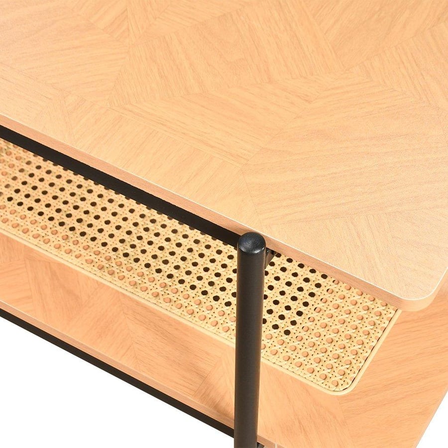 Wooden TV unit with rattan shelf, bohemian modern, 160 cm