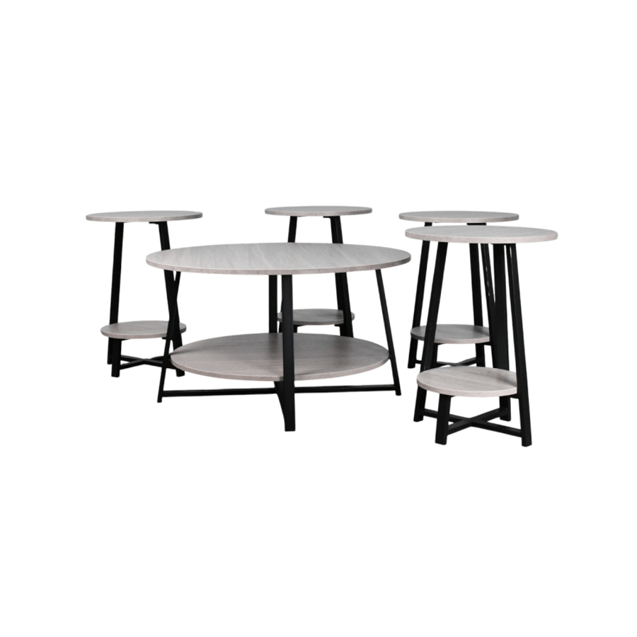 Set of 5 wooden serving tables with metal base, 2 tiers, beige