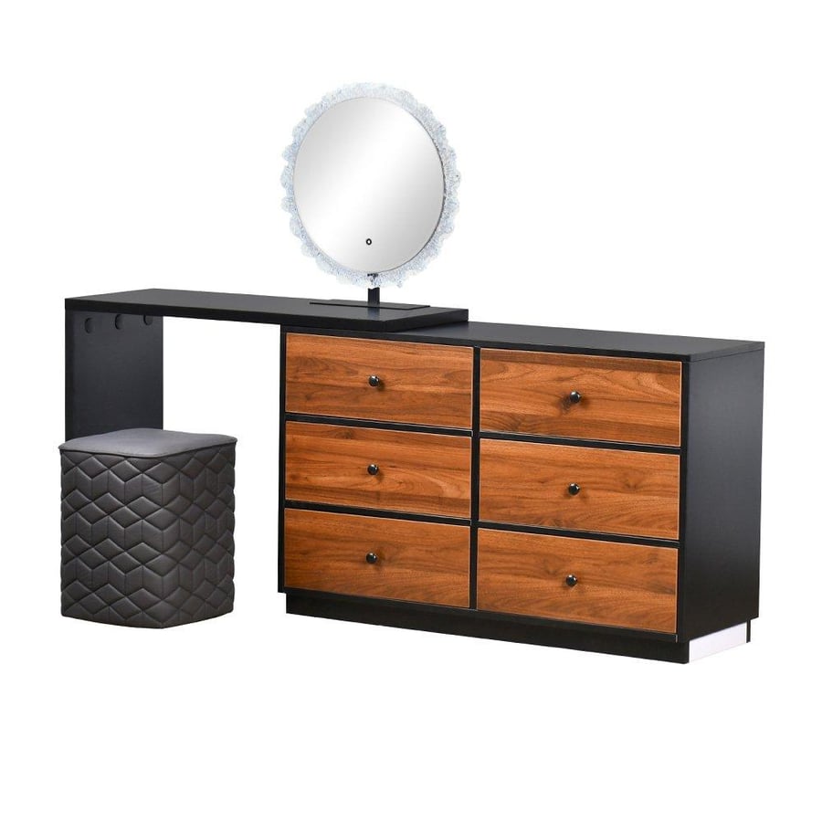 Modern wooden dressing table with 6 drawers, illuminated mirror, and stool