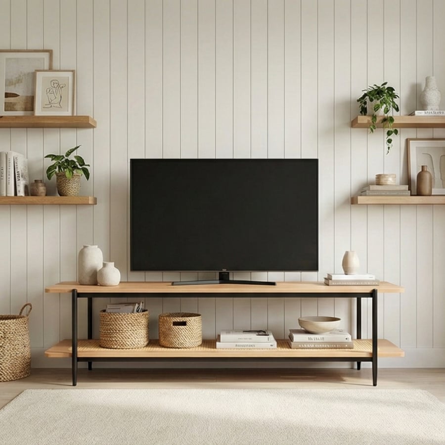 Wooden TV unit with rattan shelf, bohemian modern, 160 cm