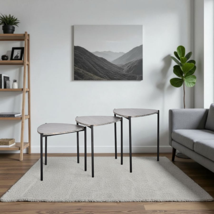 Set of 3 wooden serving tables with metal legs, gray