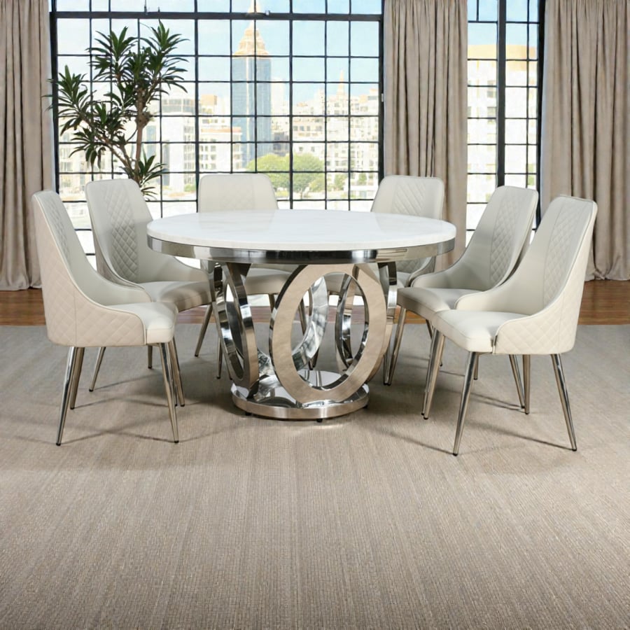 Luxury dining table with marble surface, 6 gray chairs