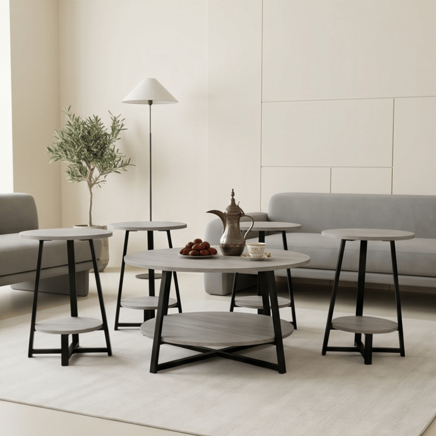 Set of 5 wooden serving tables with metal base, 2 tiers, beige