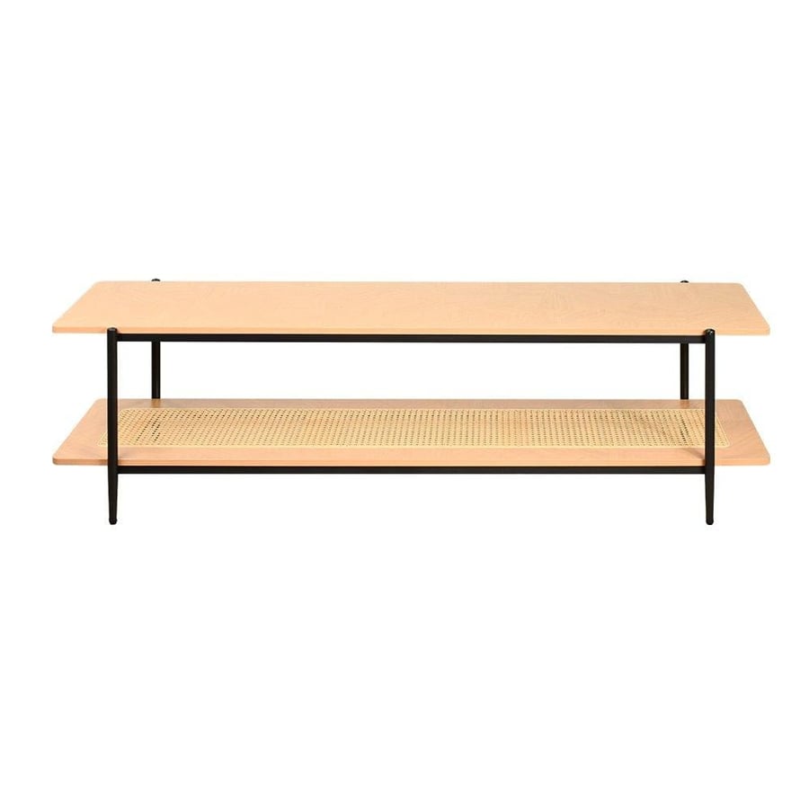 Wooden TV unit with rattan shelf, bohemian modern, 160 cm