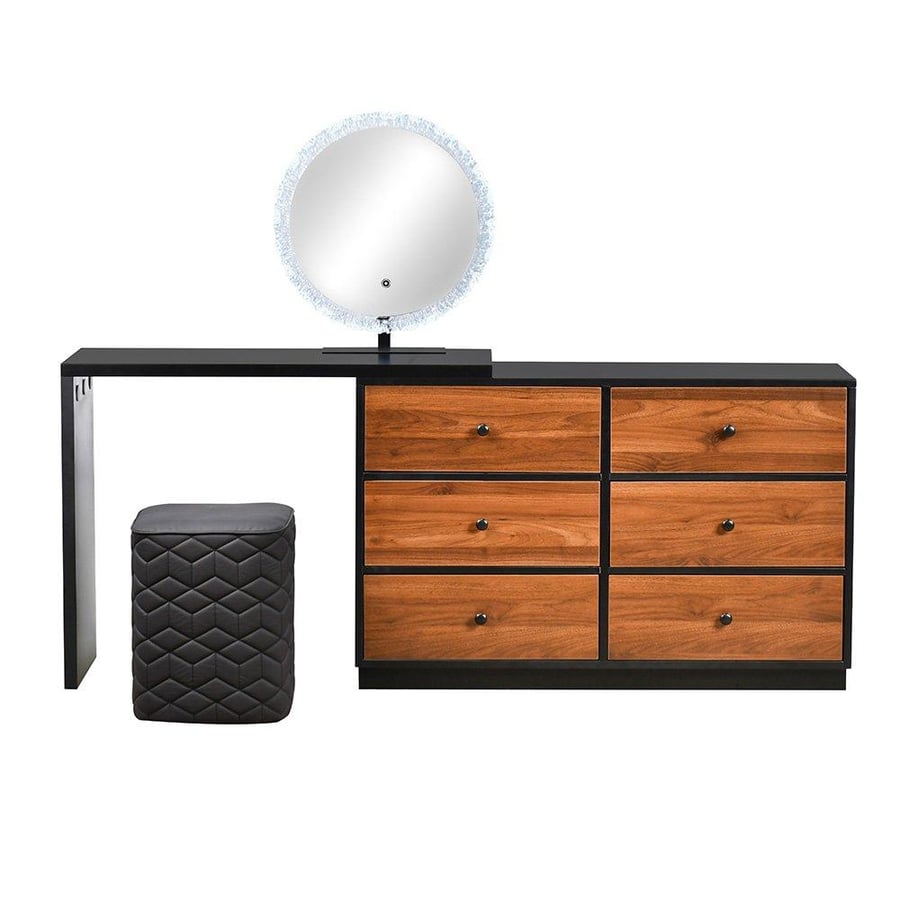 Modern wooden dressing table with 6 drawers, illuminated mirror, and stool