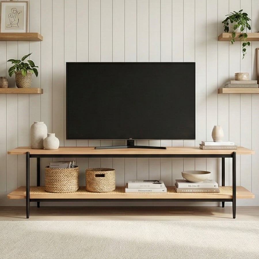 Wooden TV unit with rattan shelf, bohemian modern, 160 cm