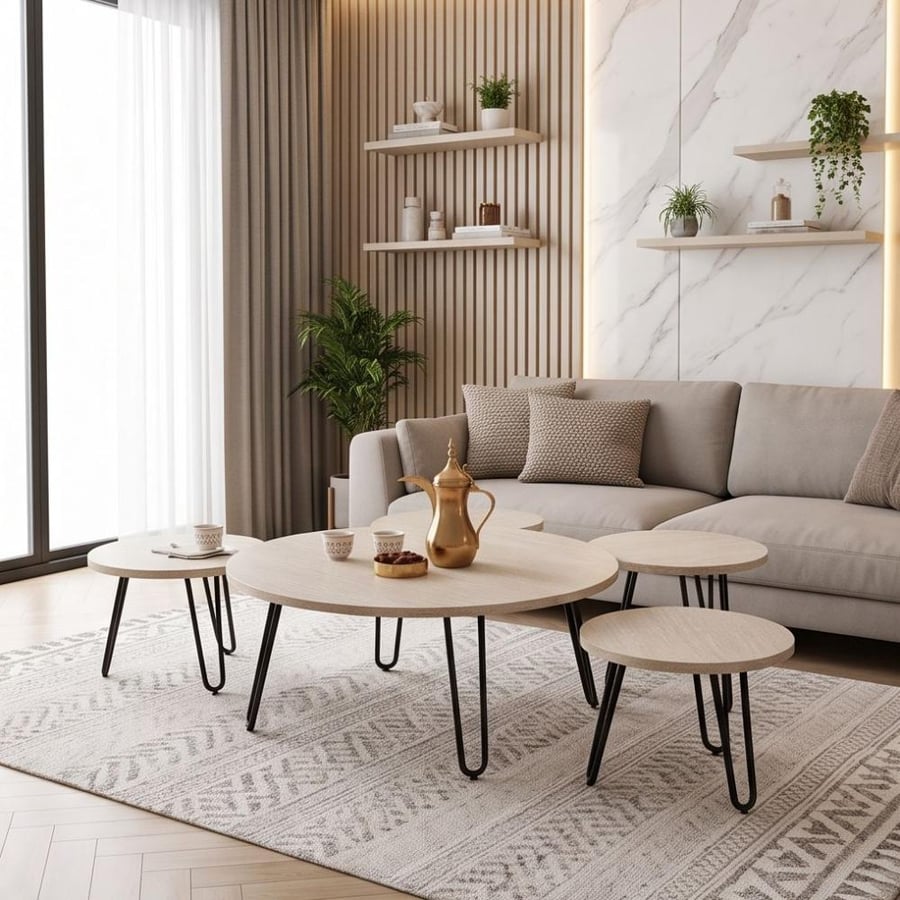 طقم طاولات شاي أرضية دائرية 5 قطع بتصميم مودرن بيج