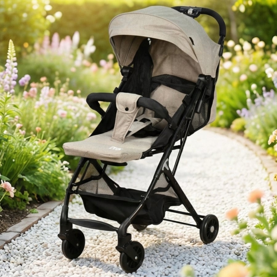 Folding stroller with fabric and beige metal frame