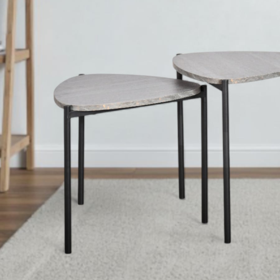 Set of 3 wooden serving tables with metal legs, gray