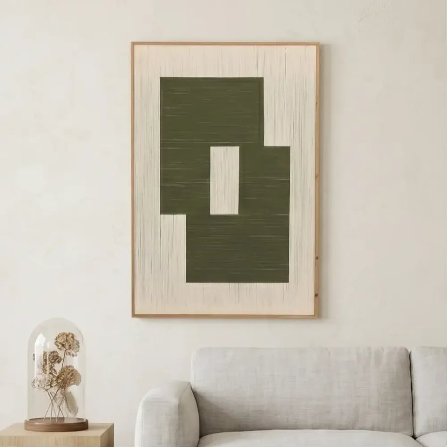 لوحة جدارية هندسية تجريدية بيج وأخضر 80 × 120 سم