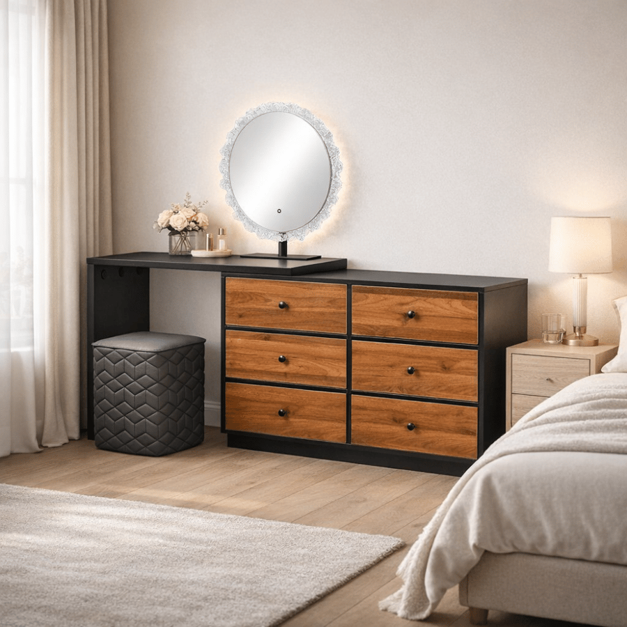 Modern wooden dressing table with 6 drawers, illuminated mirror, and stool